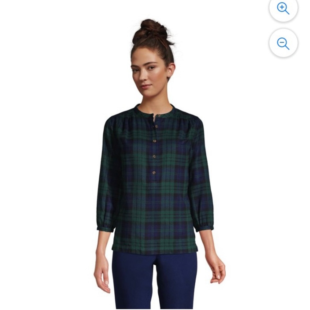 Lands’ End 3/4 sleeve smocked shoulder popover flannel shirt